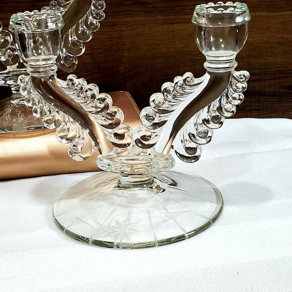 2 Etched Double Branch Candle Holder Susquehanna Glass 3848 candlestick vintage - Picture 8 of 9